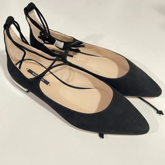 ZARA BASIC COLLECTION LADIES BLACK SUEDE WRAP FLATS W/GLITTER HEEL (NEW!) - Picture 7 of 13
